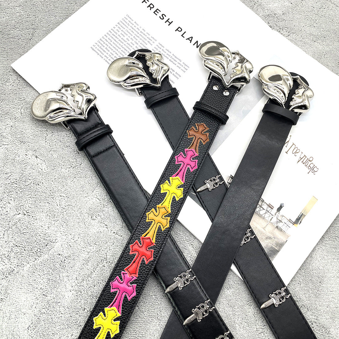 Chh Chrome Heart Belt Big Tongue Buckle Lychee Pattern