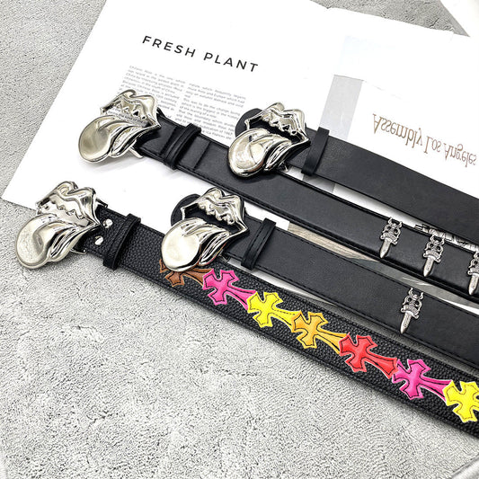 Chh Chrome Heart Belt Big Tongue Buckle Lychee Pattern